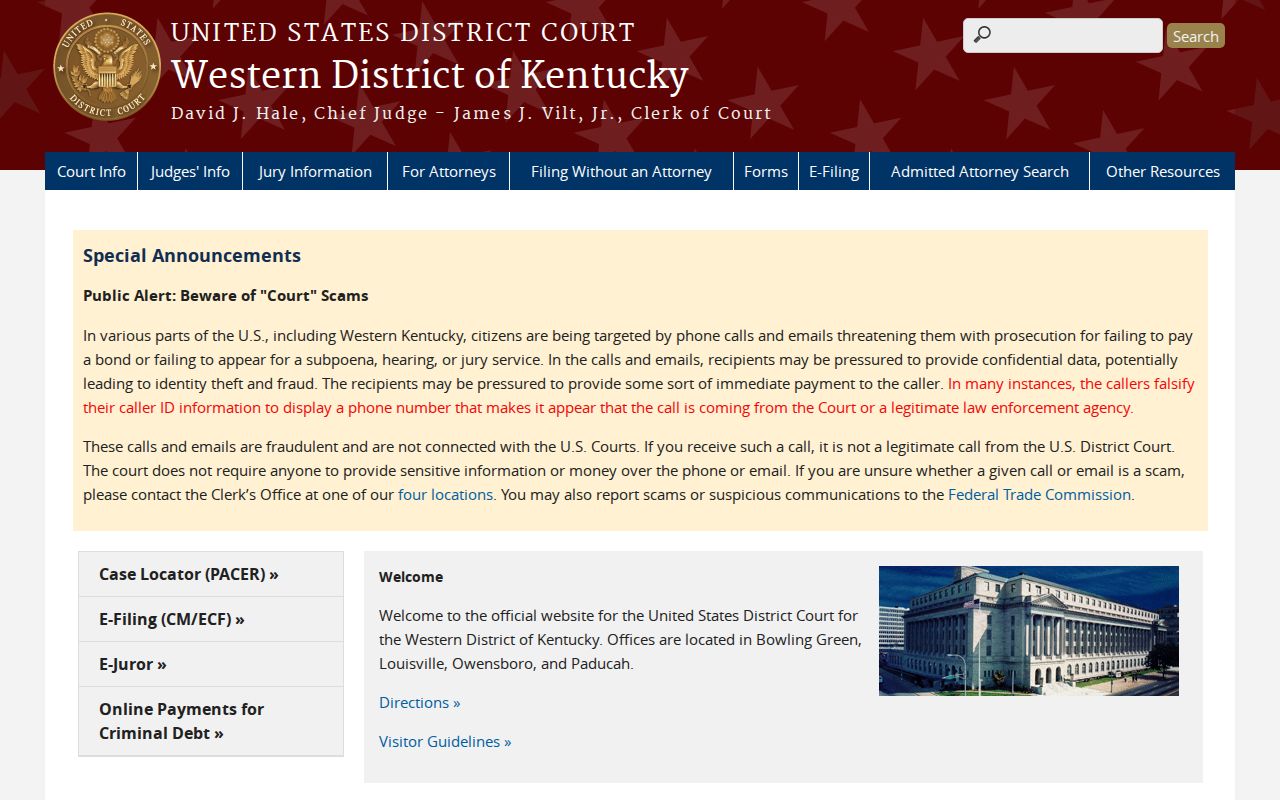 Western District of Kentucky court serving federal Nelson County criminal cases