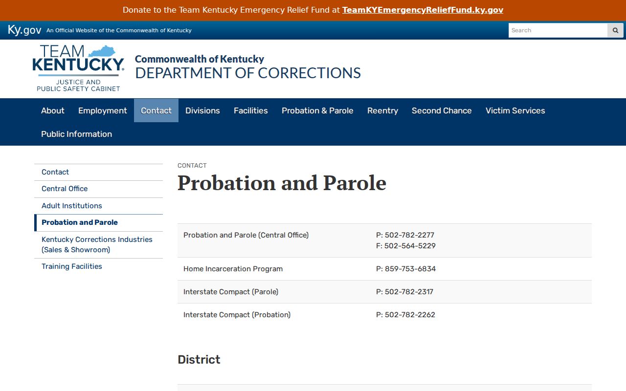 Kentucky probation and parole contacts for Nelson County criminal records