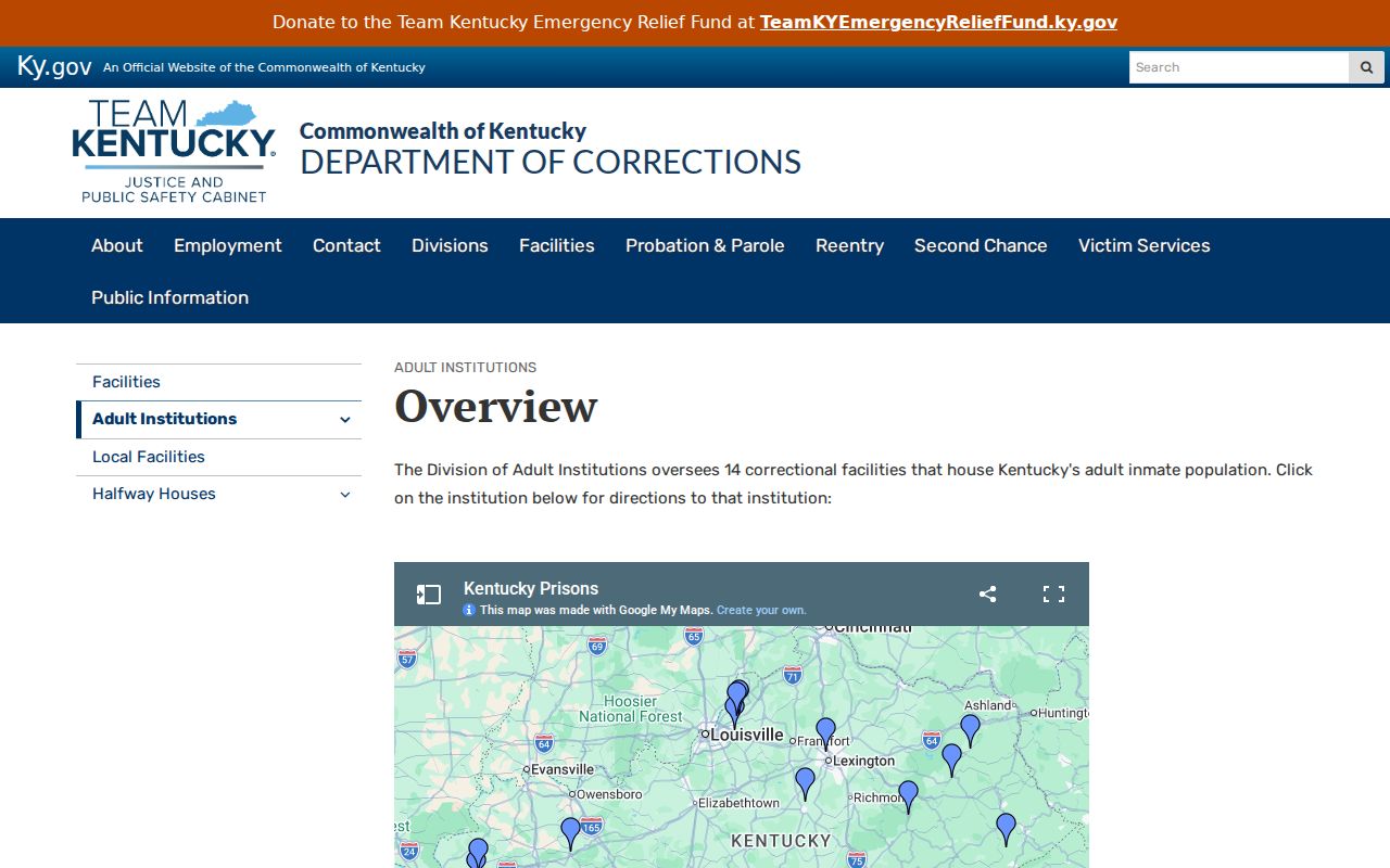 Kentucky adult institution directory for Nelson County criminal history research