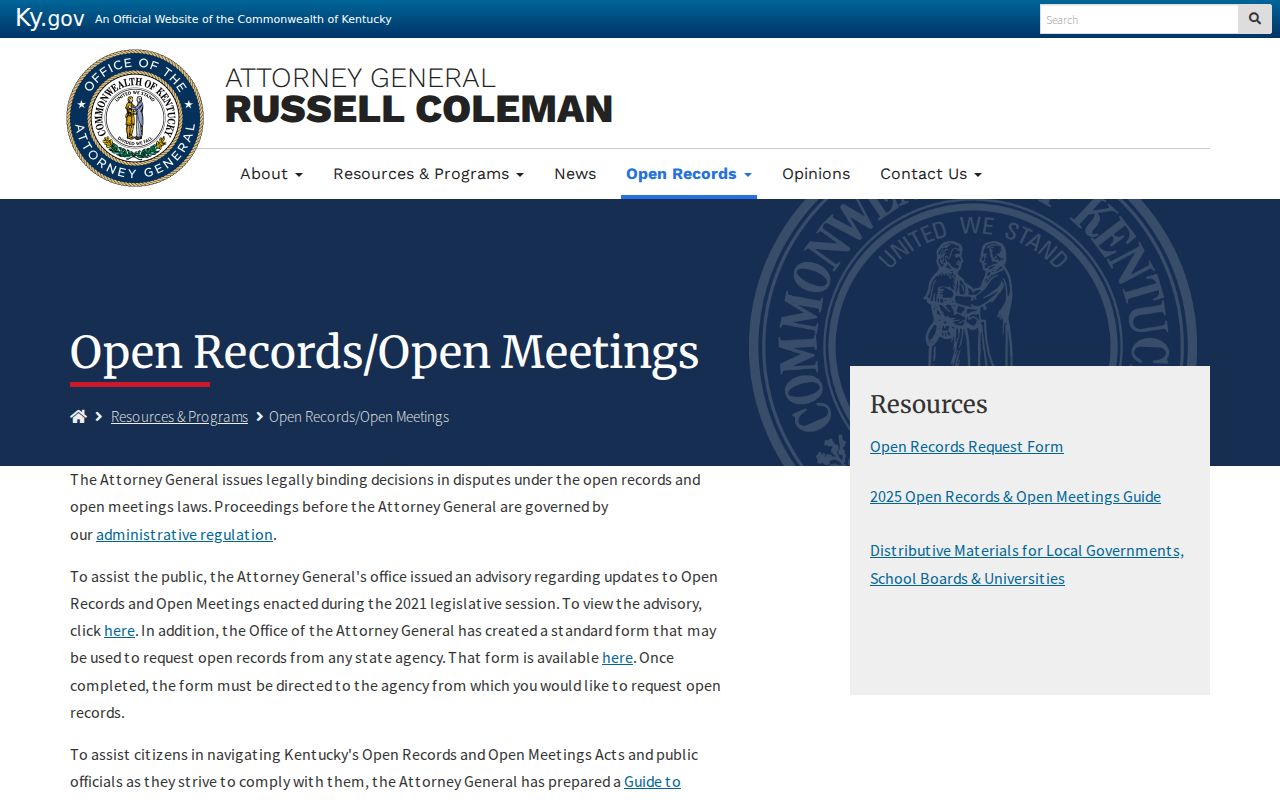 Kentucky Open Records guidance for Nelson County criminal records