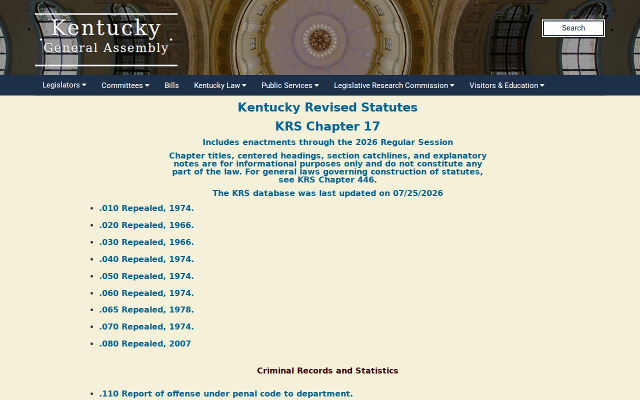 KRS Chapter 17 rules for Nelson County sex offender registry records